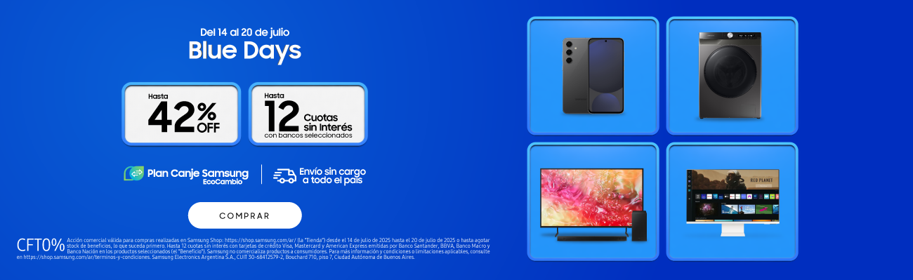 Del lado izquierdo de la imagen se encuentra el texto "del 7 al 13 de Julio, Winter Sale. Aprovechá los precios bajos de la temporada" . Promoción destacada " 42%OFF, hasta 12 cuotas sin interés con bancos seleccionados, Plan canje Samsung y envío gratuito a todo el país". Cuatro mosaicos con 4 productos Samsung, un celular Galaxy S25, Un smart TV crystal UHD, una barra de sonido y un Lavarropas ecobubble