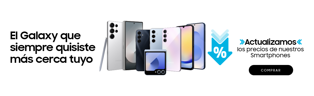 Diferentes modelos de celulares Samsung Galaxy ubicados en el medio de la imagen, acompañado del texto "el Galaxy que siempre quisiste más cerca de tuyo" y "Actualizamos los premios de nuestros smartphones"