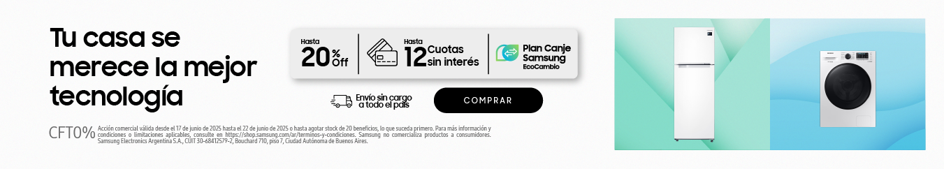 Texto en el lado izquierdo de la imagen "#YouMake ofertas para conectar con lo que más querés”. Banner promocional Electrodomésticos hasta 19% off con bancos seleccionados, hasta 9 cuotas sin interés, Plan canje Samsung. A la derecha de la imagen de un lavasecarropas y Heladera Samsung