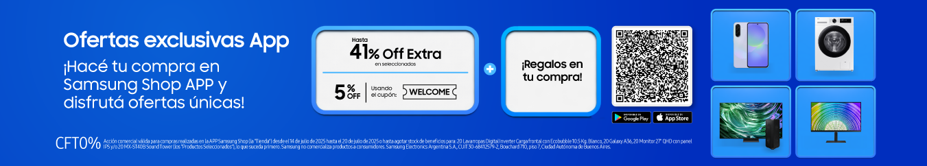 Texto en el lado izquierdo de la imagen "Beneficio exclusivo APP" ¨5% OFF extra usando el cupón WELCOME. QR ubicado en el medio y del lado izquierdo, se encuentra un mosaico de 5 productos, entre ellos lavasecarropas, Smart TV, un monitor, una heladera y un Smart TV con barra de sonido Samsung