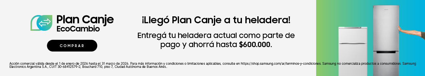 Icono Plan canje Samsung Ecocambio. ¡Llegó Plan Canje a tu heladera! Entregá tu heladera actual como parte de pago y ahorrá hasta $600,000. Imagen ilustrativa de una Heladera antigua y una heladera Samsung freezer inferior
