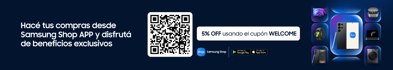 Texto en el lado izquierdo de la imagen "Beneficio exclusivo APP" ¨5% OFF extra usando el cupón WELCOME. QR ubicado en el medio y del lado izquierdo, se encuentra un mosaico de 5 productos, entre ellos lavasecarropas, Smart TV, un monitor, una heladera y un Smart TV con barra de sonido Samsung