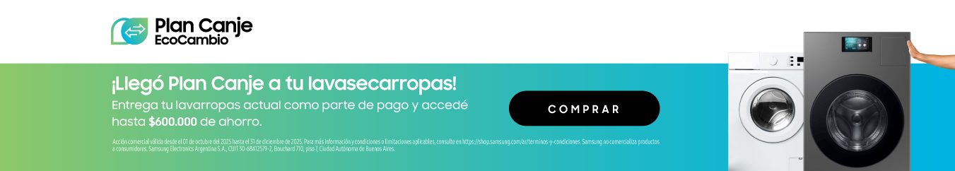Icono Plan canje Samsung Ecocambio. ¡Llegó Plan Canje a tu lavasecarropas! Entregá tu lavarropas actual como parte de pago y accedé hasta $600.000 de ahorro. Imagen ilustrativa de un lavarropas antiguo y un lavarropas Samsung Bespoke AI