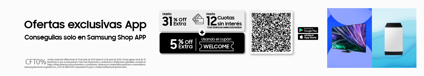Texto en el lado izquierdo de la imagen "Beneficio exclusivo APP" ¨5% OFF extra usando el cupón WELCOME. QR ubicado en el medio y del lado izquierdo, se encuentra un mosaico de 5 productos, entre ellos lavasecarropas, Smart TV, un monitor, una heladera y un Smart TV con barra de sonido Samsung