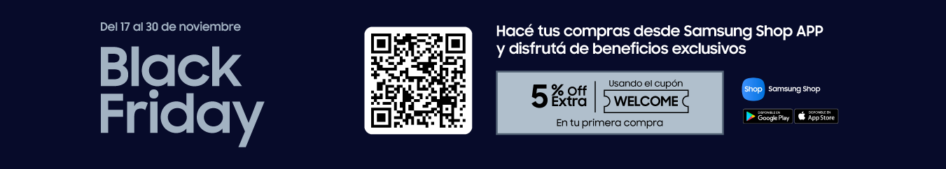 Seis productos Samsung ubicados dentro de mosaicos: Celular Galaxy S25, Galaxy Book 3, Auriculares galaxy buds Pro, Galaxy Watch7, lavasecarropas, acompañado del texto "Hacé tus compras desde Samsung Shop APP y disfrutá de beneficios exclusivos. 5%OFF usando el cupón Welcome. Iconos de Samsung Shop, Google Play y App Store"