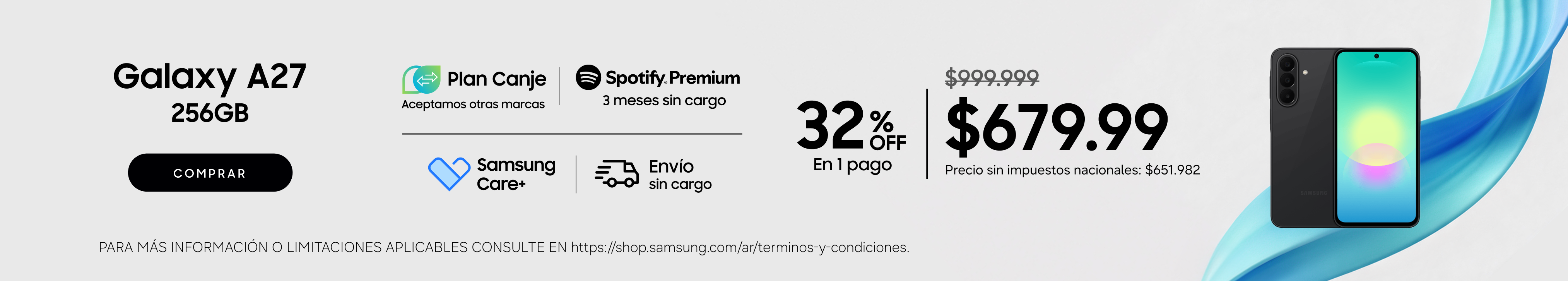 Samsung Galaxy A27 256GB: 32% OFF en 1 pago ($679.999), plan canje, Spotify 3 meses gratis y envío sin cargo